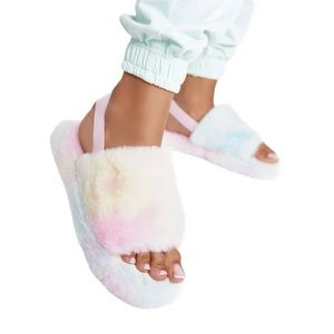 NWOT Kenzie Slingback Rainbow Faux Fur Slippers
